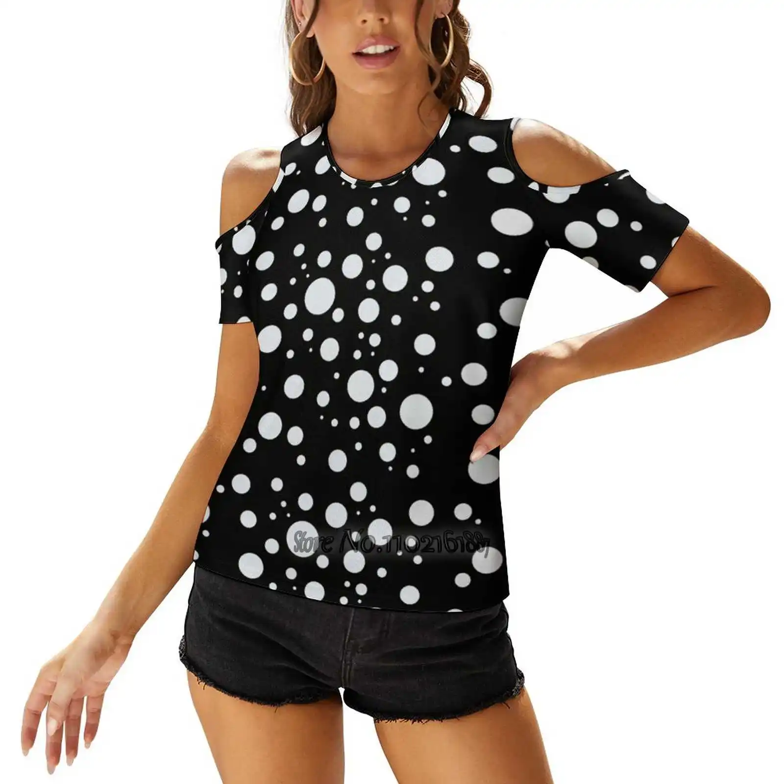 

Yayoi Kusama - Polka Dots Inverted Sexy T-Shirt Casual Tops One Shoulder Lacing T Shirts Korean T-Shirts Yayoi Kusama Polka