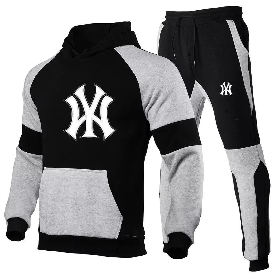 

Новинка, модная мужская спортивная одежда с принтом, полосатые толстовки + спортивные штаны, Осень-зима, повседневные спортивные костюмы для бега из двух предметов, мужской повседневный спортивный костюм