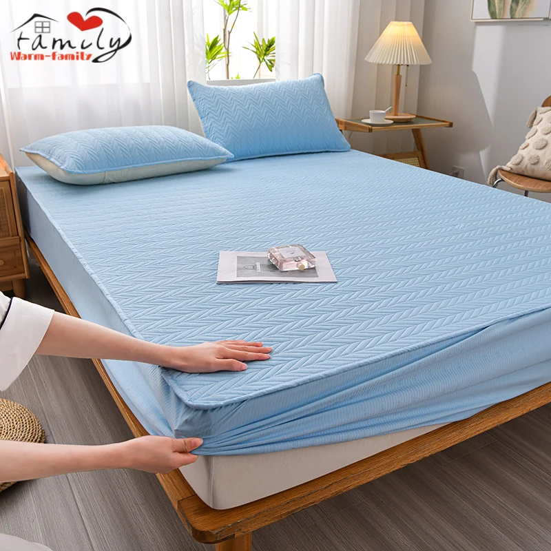 

New Pattern In 2023 Cotton Antibacterial Sky-blue Quilted Bed Sheet Non Slip Bed Cover Mattress Pad Cover Protective Bedspread