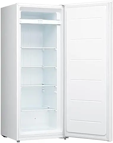 

Upright Freezer, 7.0 cu ft (198L), White, Low-Frost, Space-Saving Flat Back, Tempered Glass Shelves, Reversible Door, Pizza Comp