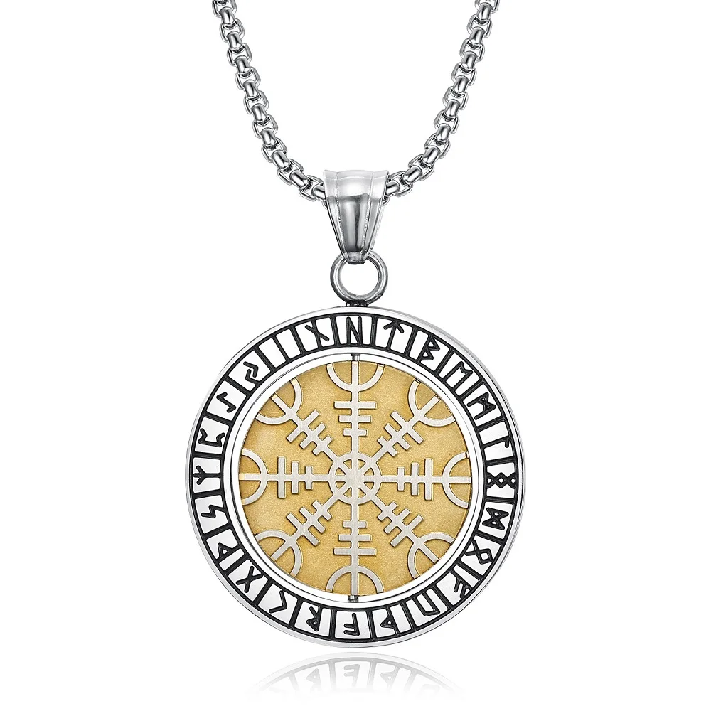 

Men Viking Odin's Symbol Of Norse Runic Pendant Necklace Stainless Steel Viking Runes Vegvisir Compass Turnable Amulet Jewelry