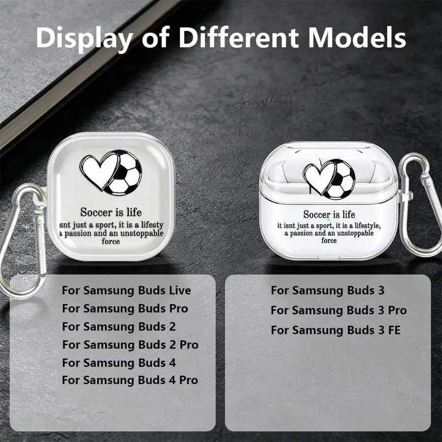 Фото Прозрачные чехлы для наушников с крючком для Samsung Galaxy Buds 3 Pro, 3 FE, Live, 4 Pro, 4Pro, 2Pro, 2, с мультяшным дизайном, футбол, любовь №5