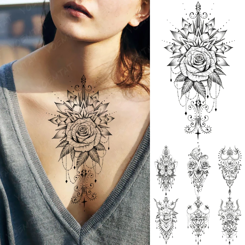 

Transfer Waterproof Temporary Tattoo Sticker Flower Rose Henna Leaves Lace Lines Flash Tatto Women Men Sexy Chest Fake Tattoos