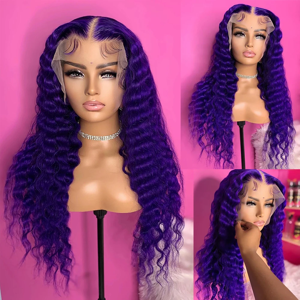 Purple Curly Human Hair Wig 13x4 Transparent Lace Front Wigs for Women 360 lace Frontal HD Transparent T part Closure colored