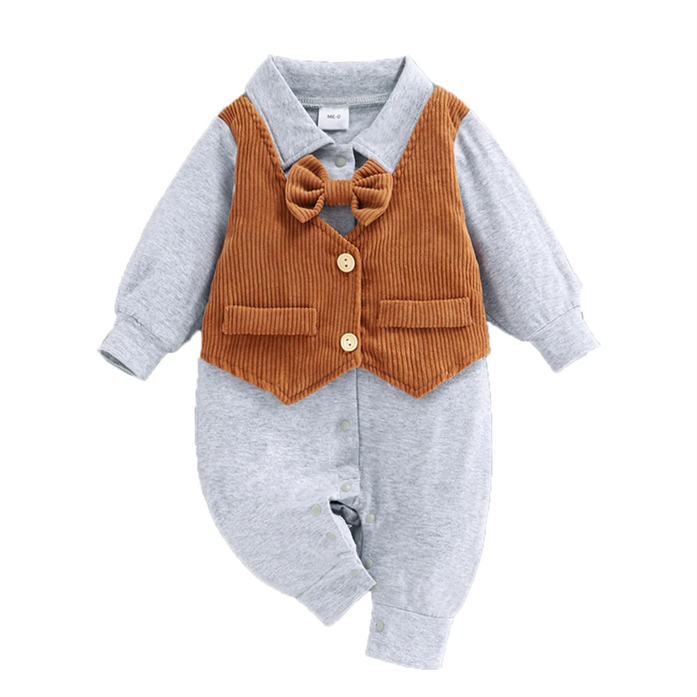 Cotton Romper Newborn Baby Boy Clothes 0-3 Months Soft Button Long Sleeve Jumpsuit Patchwork Vest Outfits Gray Black Brown