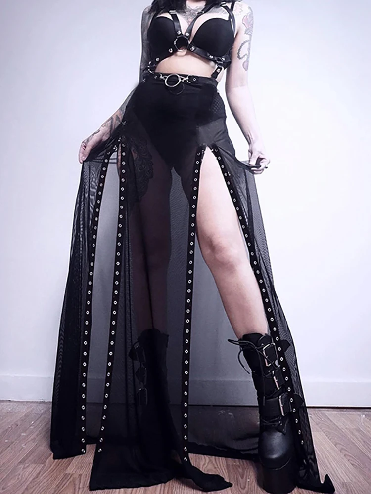 Юбка женская Goth сетчатый в готическом стиле черная с завышенной талией длинная