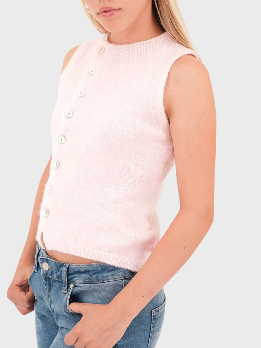 Women s Summer Knit Tank Tops Solid Color Sleeveless Round Neck Front Button Sweater Vest Streetwear