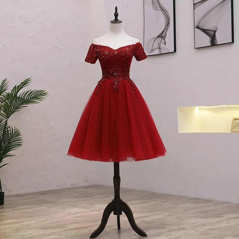 Элегантное Вечернее Платье, Юбка До Колена, с коротким рукавом, трапециевидного силуэта, бордовое вечерние левое вечернее платье для женщин B1643