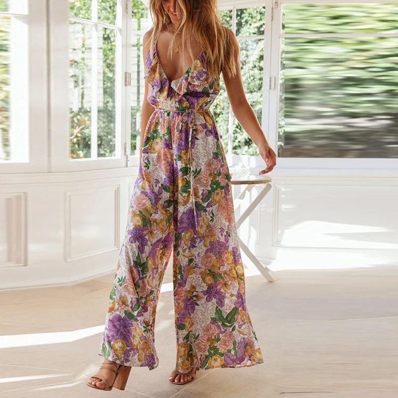 

Women High Waist V-Neck Sashes Casual Jumpsuits 2021 Sling Summer Sleeveless Flower Print Jumpsuit Long Wide Leg Female Rompers