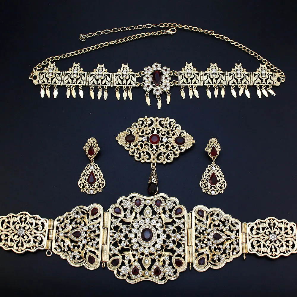 

Neovisson High-Fashion Gold Color Morocco Bride Jewelry Set Caftan Belt Hair Chain Brooch Earring Algeria Ladies Favorite Gift