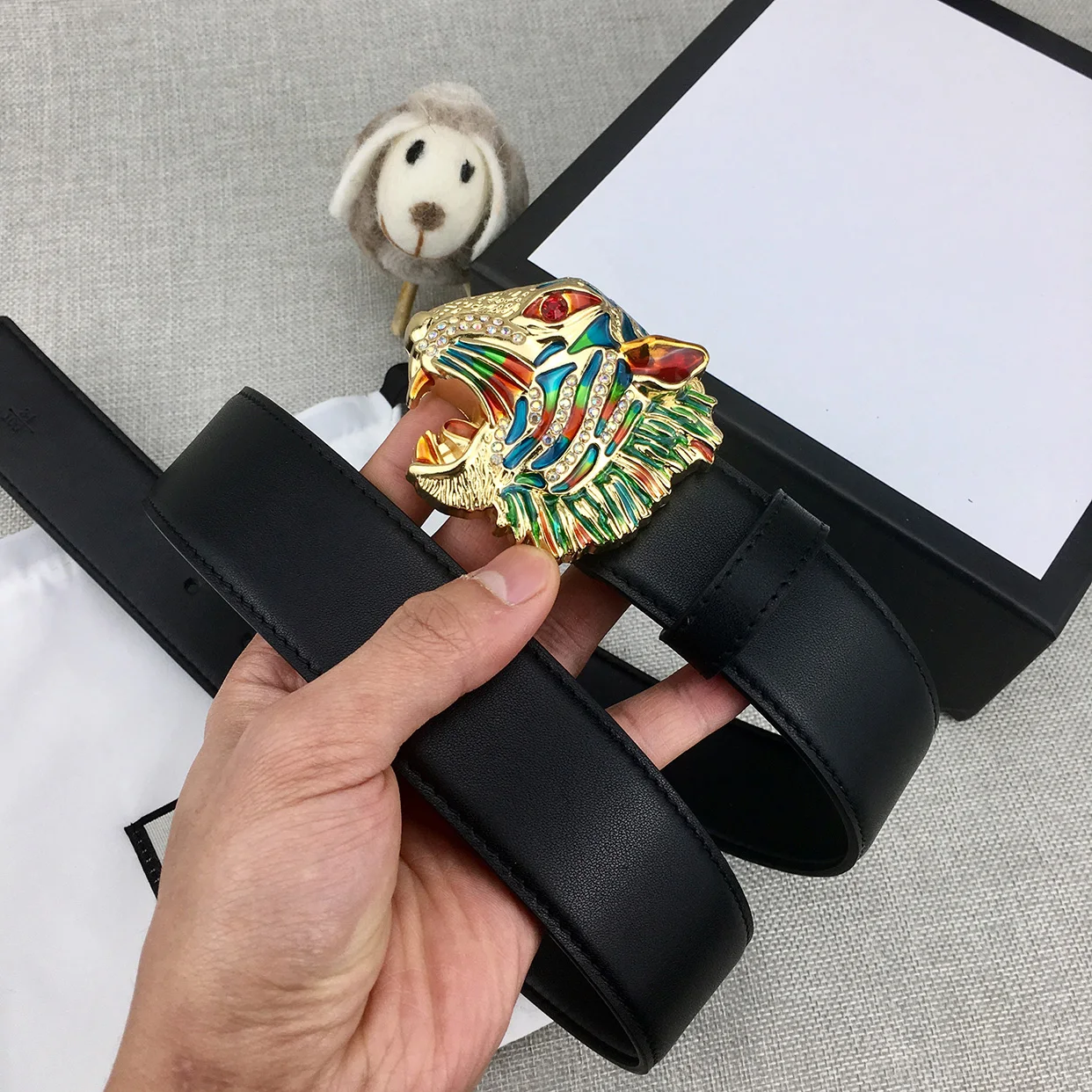 

Wde 3.8cm, Fashion Vintage Colorful Tiger Brass Pin Buckle Leather Waist Belt for Men