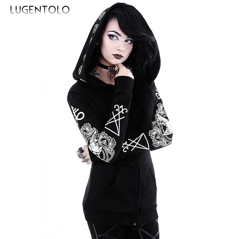 

Lugentolo женские панковские Асимметричные толстовки тонкая молния с длинным рукавом куртка с принтом женские повседневные модные черные Большие размеры свитшоты