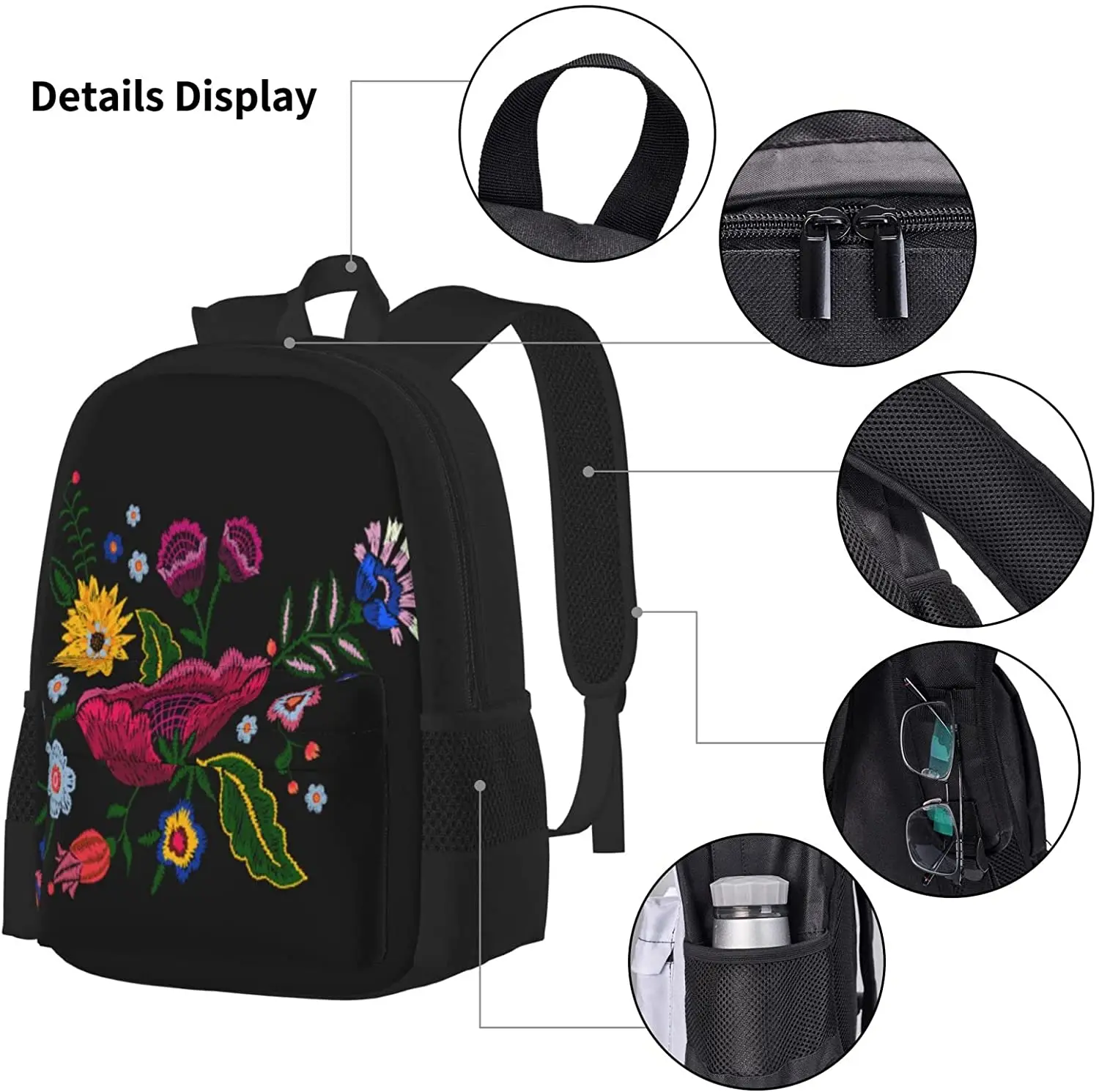 Flowers Beauty Fashion Mexican Schoolbag Travel Bag Casual Daypack Lunch Bag Pencil Case for Boys Teens Girls 3pcs Sets