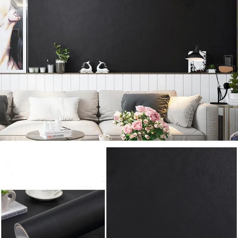 pure black self adhesive vinyl wallpaper kitchen cabinet storage desktop furniture bedroom decor waterproof film wall stickers free global shipping