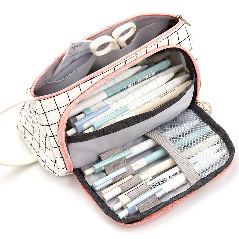 Plaid Pencil Case Canvas Multi-Layer Large-Capacity Kawaii Stationery School Supplies Pencil Case Pen Holder Storage Bag Variety