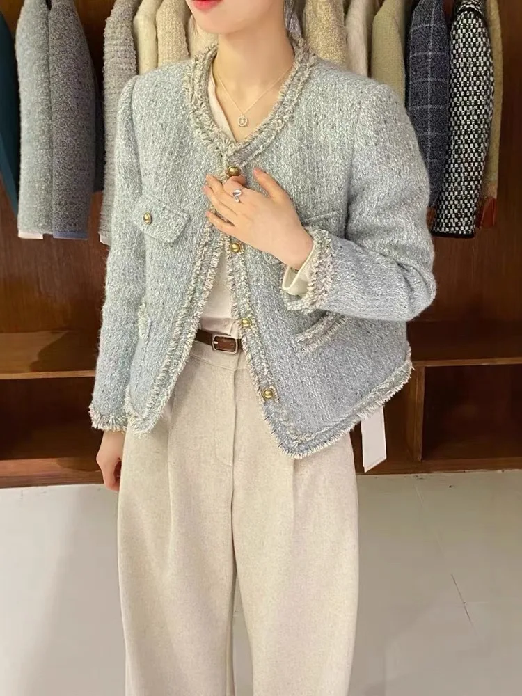 Синий флисовый пуховик изящная женская короткая куртка новинка зимы 2024