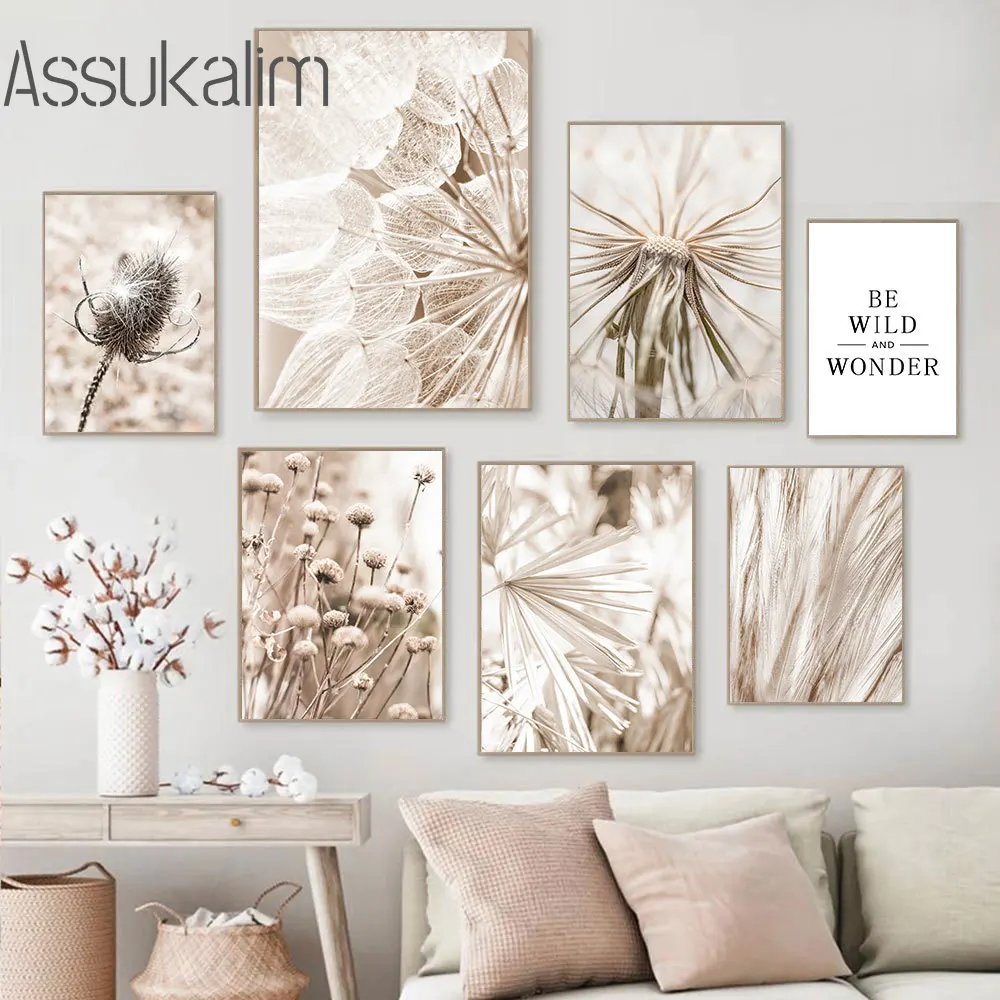 

Beige Landscape Wall Pictures Dandelion Painting Poster Dried Flower Art Prints Wheat Canvas Posters Bedroom Wall Decoration