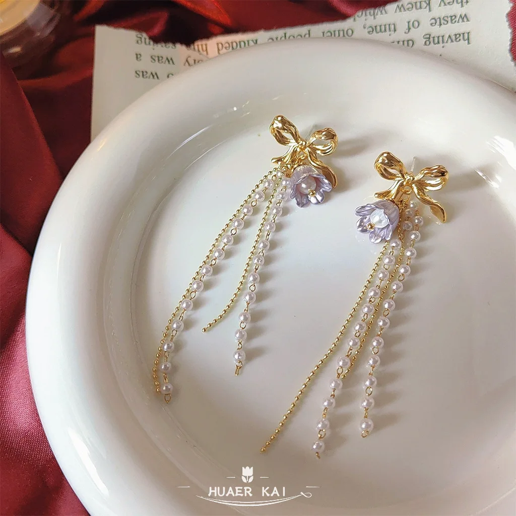 

Original Design! Handmade 925 Silver Needle Bow Long Pearl Fringed Earrings Women's Luxury Earrings