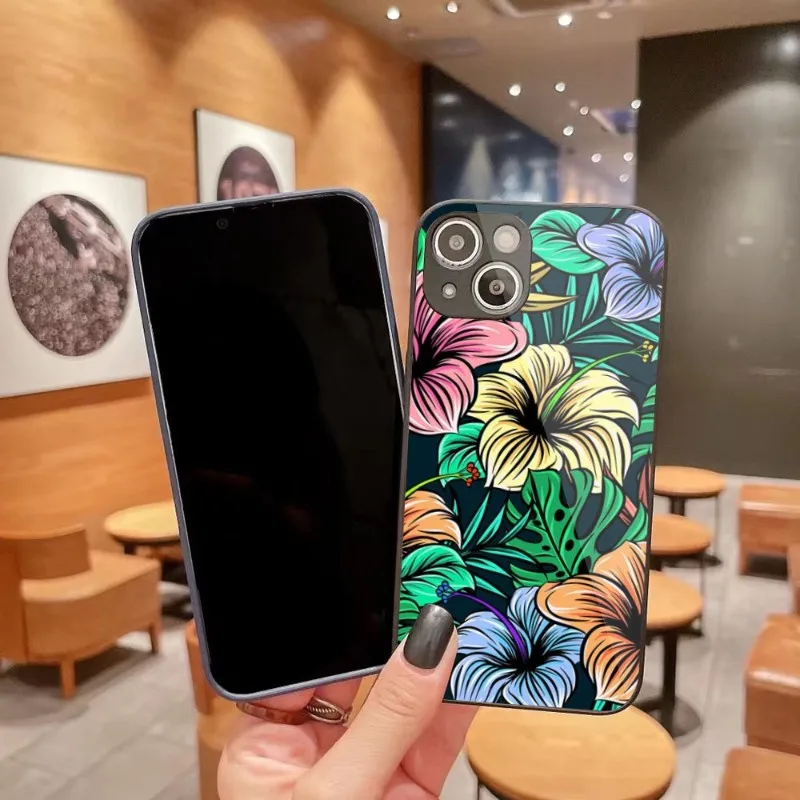 

Чехол для телефона с банановыми листьями и цветами для IPhone 14 13 12 11 Pro Max X XR XS 8 7 Plus, цветной чехол из жидкого стекла