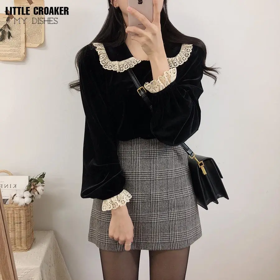 

Korean Ulzzang Spring Autumn Women Shirt Peter Pan Collar Lace Ruffles Black Velvet Loose Blouse Petal Sleeve Elegant Lady Blusa