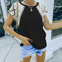 womens new contrast color stitching round neck short sleeved t shirt women female lady clothing