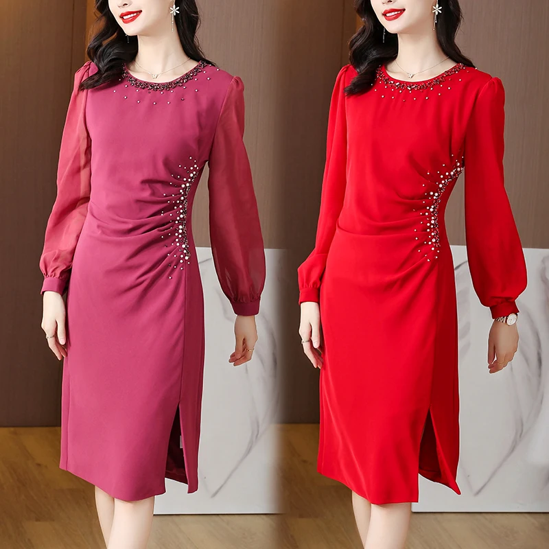 

COIGARSAM Women's Fashion Dresses Long Sleeve Beading Rose Black Bright Red Dress Dropshipping