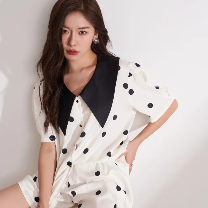 

CRLAYDK 2023 Summer Polka Dot Pajamas Set for Women Satin Silk Button Down Short Sleeve Sleepwear Bride Soft Pj Loungewear