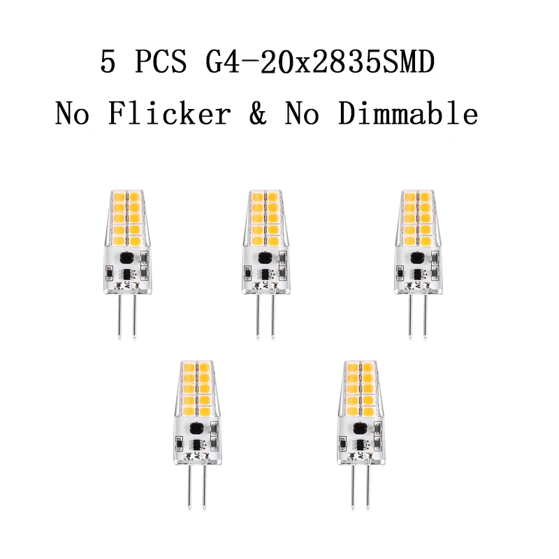 5 Pcs High Quality G4 Led ACDC 12V Crystal Bulb No Flicker & No Dimmable LED Lamp Household Light Bulb 20x2835SMD Lamp Bead