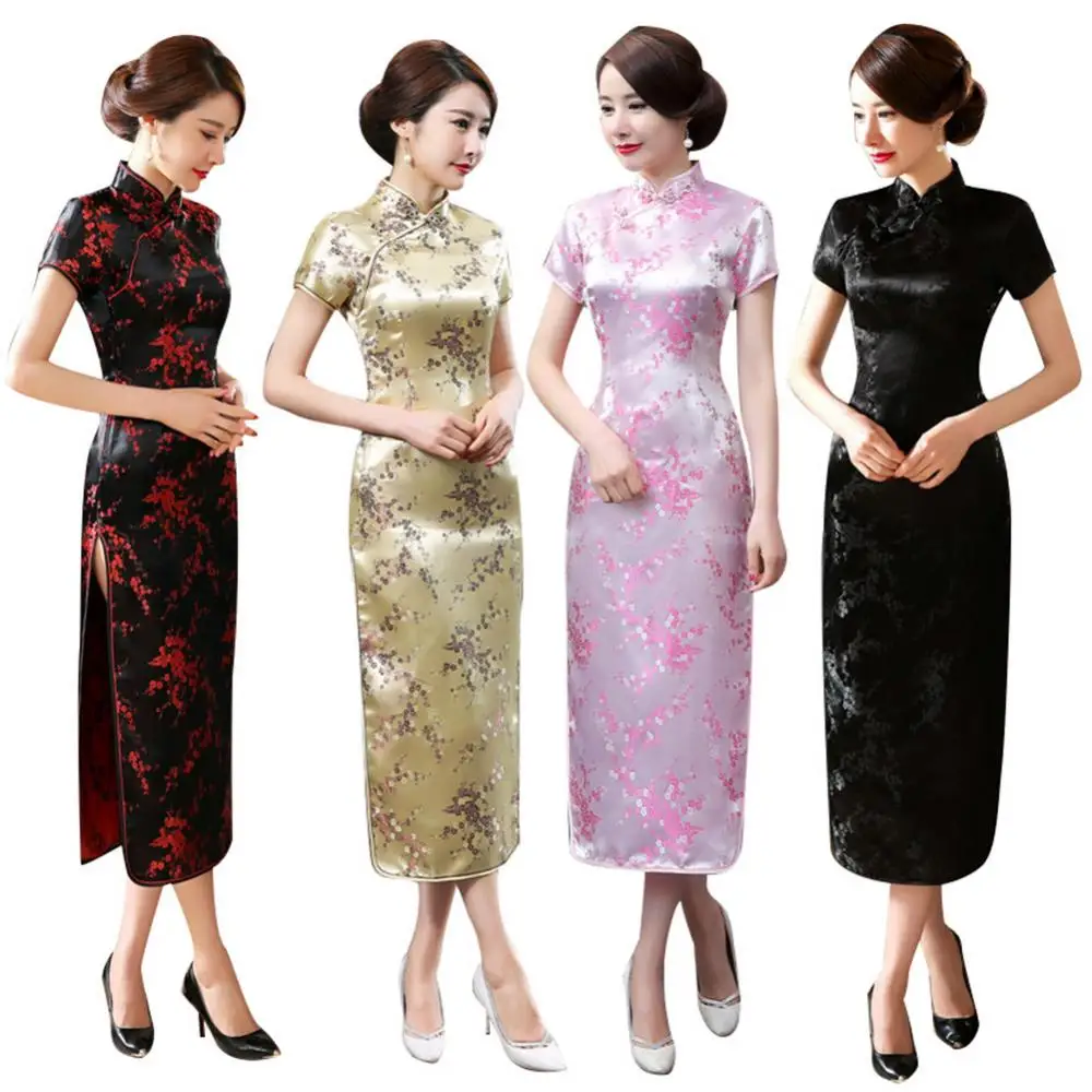 Traditional Chinese Flower Print Elegant Short Sleeve Women Long Cheongsam Bridesmaid Short Sleeve Evening Dress robe femme