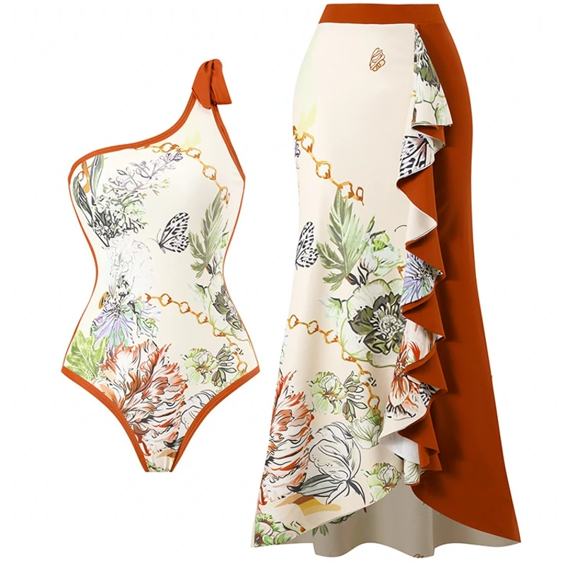 

Комплект бикини с цветочным принтом и глубоким v-образным вырезом, с рюшами, на бретельках, с открытой спиной, пикантная пляжная одежда, женский тонкий купальник с высокой талией, летний купальник