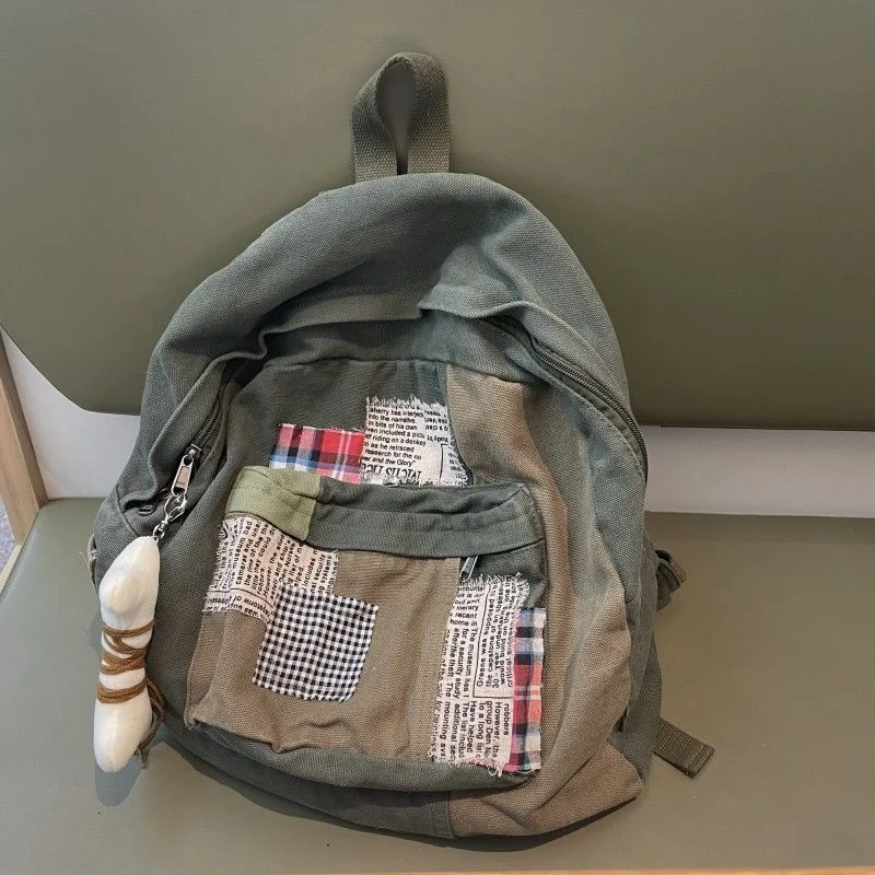 

Винтажный женский рюкзак Y2k, клетчатый Американский ретро-рюкзак в стиле пэчворк, простой холщовый Состаренный студенческий Модный женский рюкзак