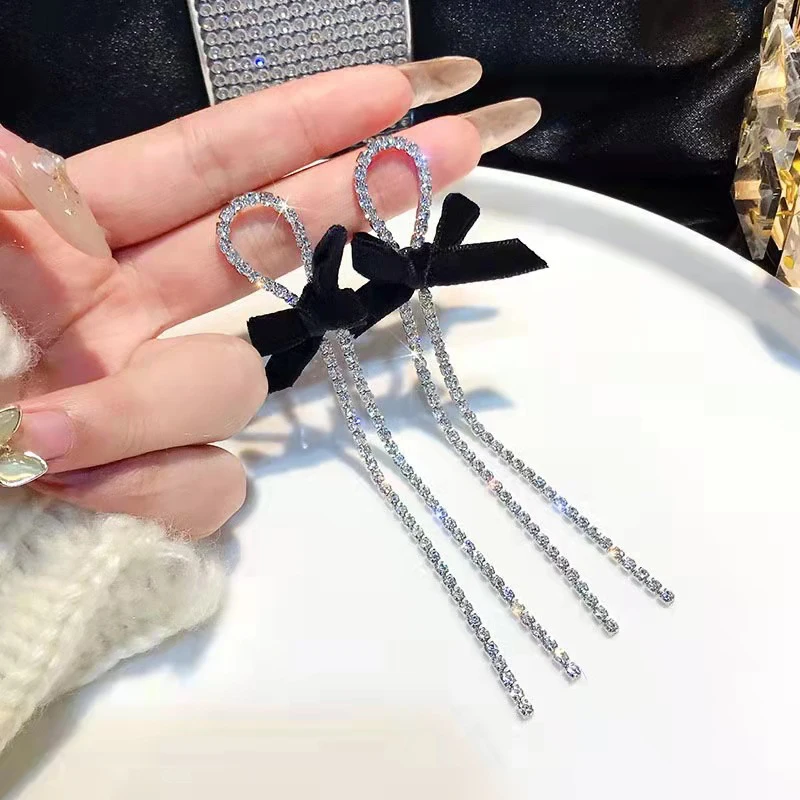 Long Tassel 925 Silver Needle Bow Knot Zircon  Earrings Party Jewelry Best Gift for Girl Fashion Jewelry Hanging Pendientes