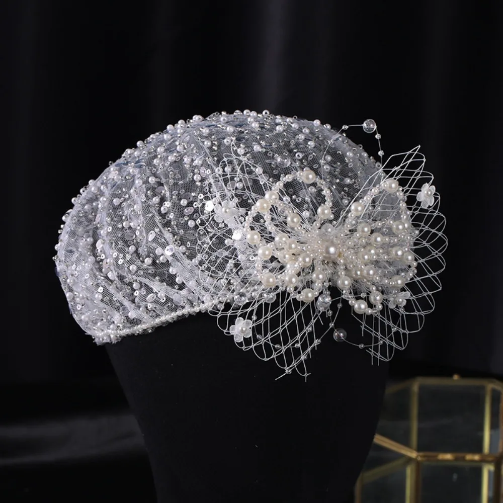 

Handmade Hair Accessories Wedding White Pearl Headband Fascinator Hat Birdcage Veil Bridal Headpiece