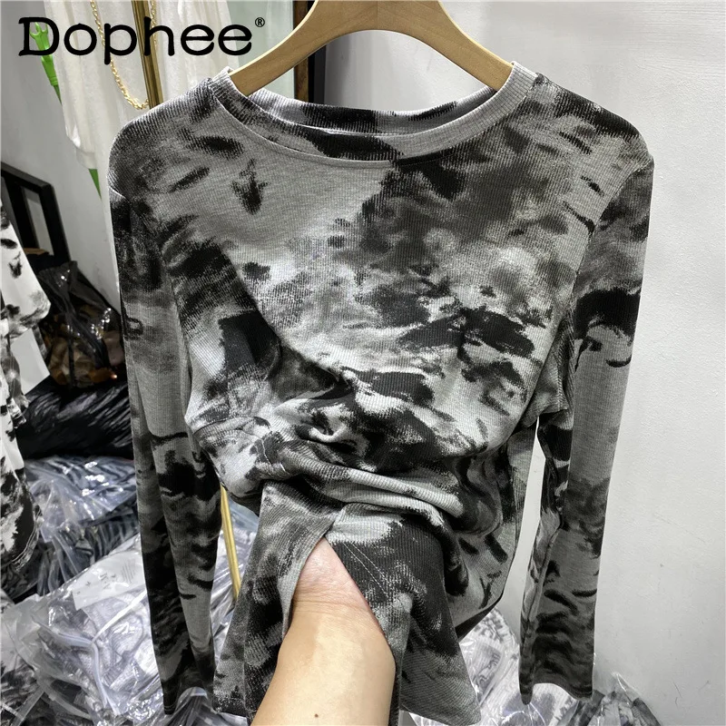 

Tie-Dyed Ink Painting Split Threaded Long Sleeve T-shirt Women 2022 Spring Autumn New Clothes Fashion Slim Bottoming Shirt Top