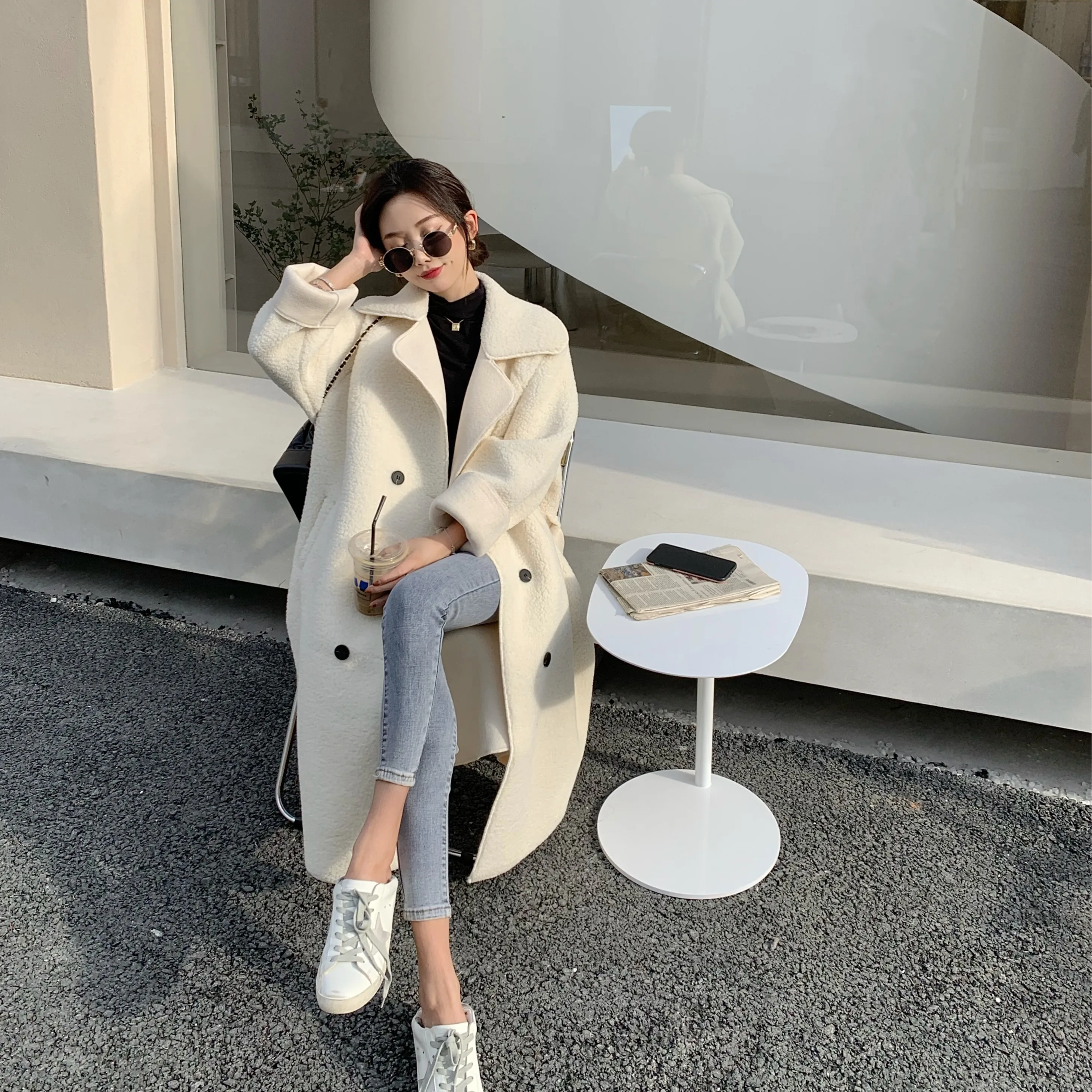 Корейская серия Hepburn Sle черный утепленный плащ из овечьей шерсти верхняя одежда