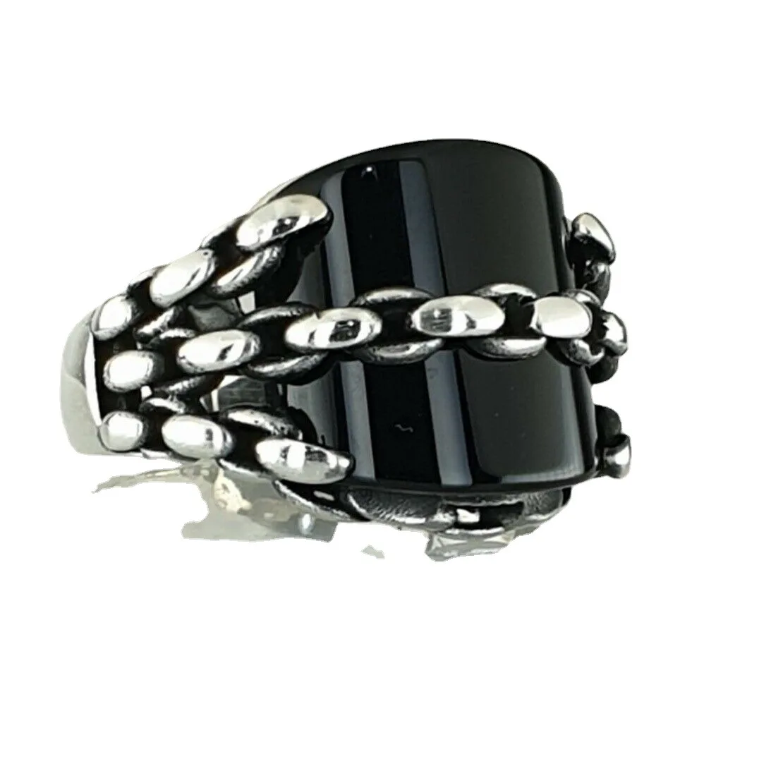 

Retro Handmade Turkish Ring For Men Vintage Double Swords Black Zircon Rings Punk Trendy Oval Natural Agate Religious Jewelry