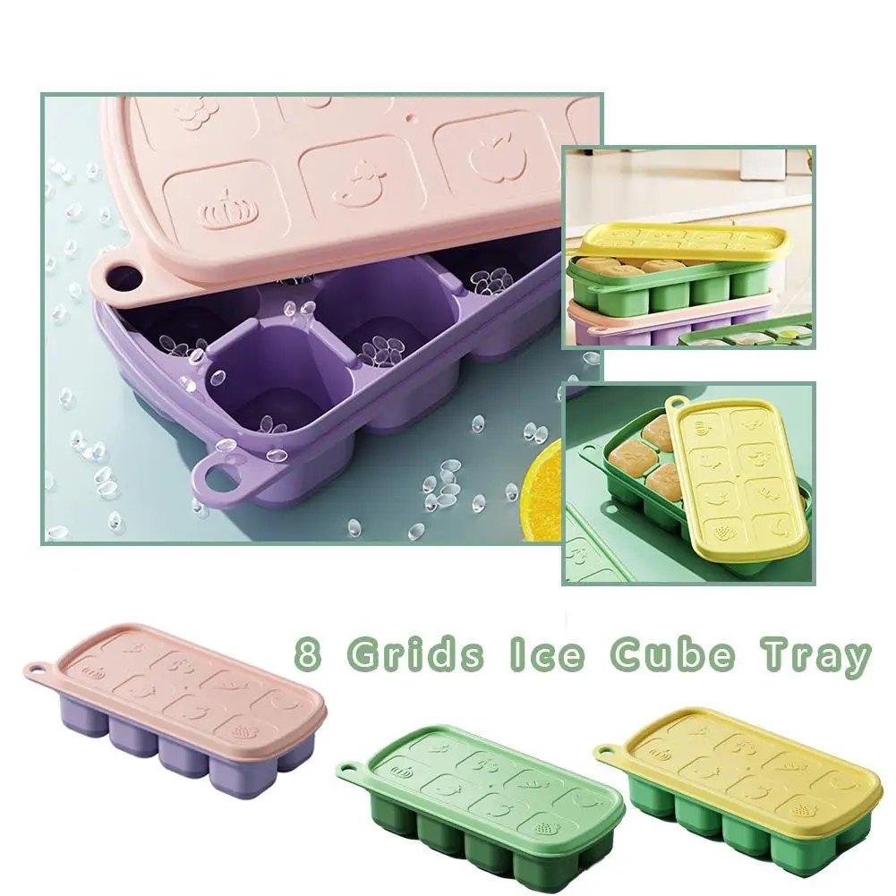 8 siatek z pokrywką i pojemnikiem Silikonowe tacki na lód do zamrażarki Łatwe uwalnianie Formy układania w stosy Letni napój lodowy DIY