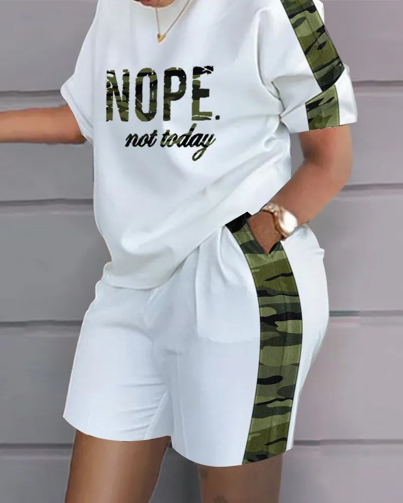 2023 Women Casual Short Sleeve Outfit Summer Fashion Letter Printed O Neck Pocket Suit Female T Shirt Top Shorts Two Pieces Set images - 6