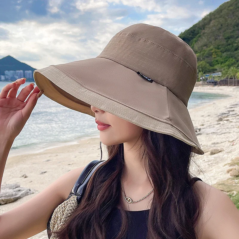 Fashion Woman Windproof Sun Beach Hat Summer Outdoor Wide Brim 12cm Visor Hat Girl Foldable Cotton Panama Hat Female Bucket Hat