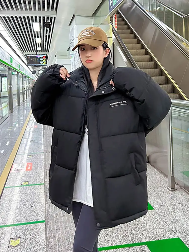 Vielleicht 2023 New Stand Collar Winter Snow Parka Women Thick Warm Hooded Jacket Clothes Loose Short Cotton Padded Coat Outwear