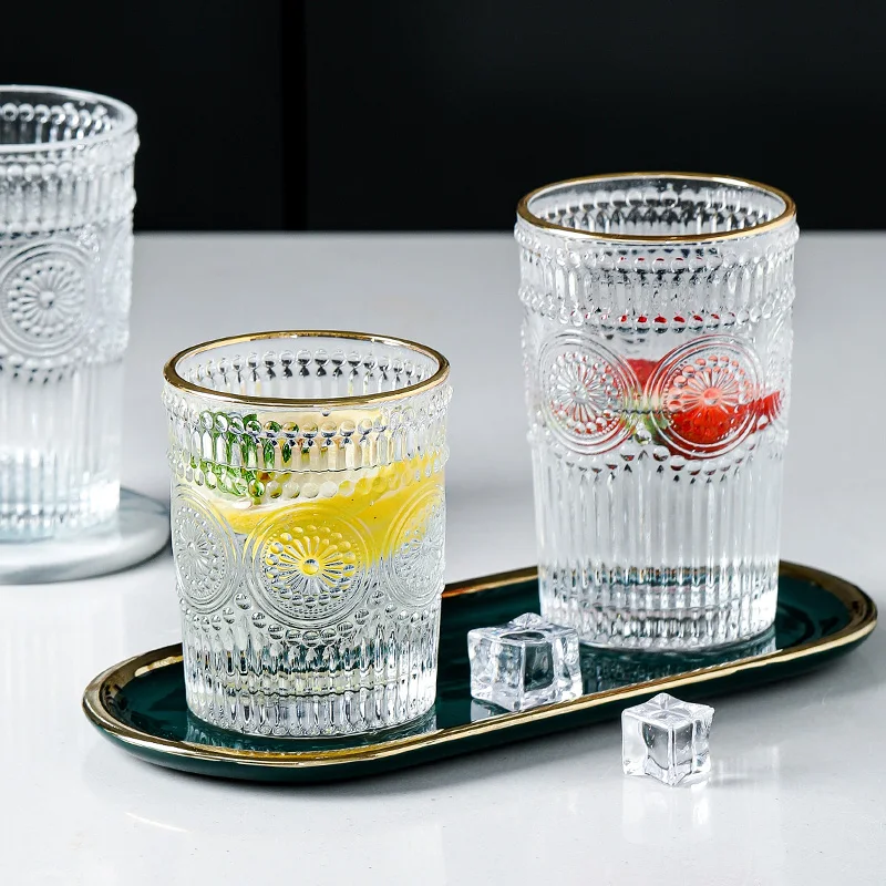 

Water Glasses Transparent Glass Wine Mug Milk Cup Coffee Mugs Glass Beer Drinkware Embossed Water Cup