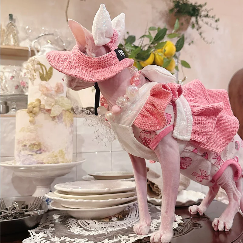 Фото Роскошное розовое ароматное платье с котом и бантом, шляпа, свадебная вечеринка, платье с изображением сфинкса для девочек, летняя милая одежда для отдыха с котом для Devon Rex №2
