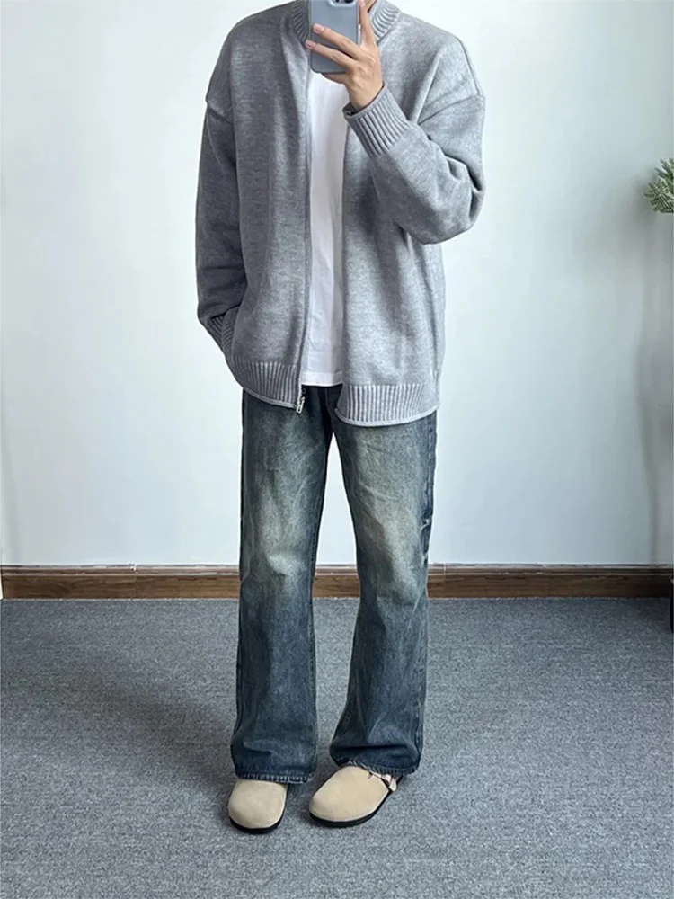 Double Zipper Cardigan sweater Men's Winter coat Original Lazy Japan fashion Retro Loose Casual Knitted Sweater