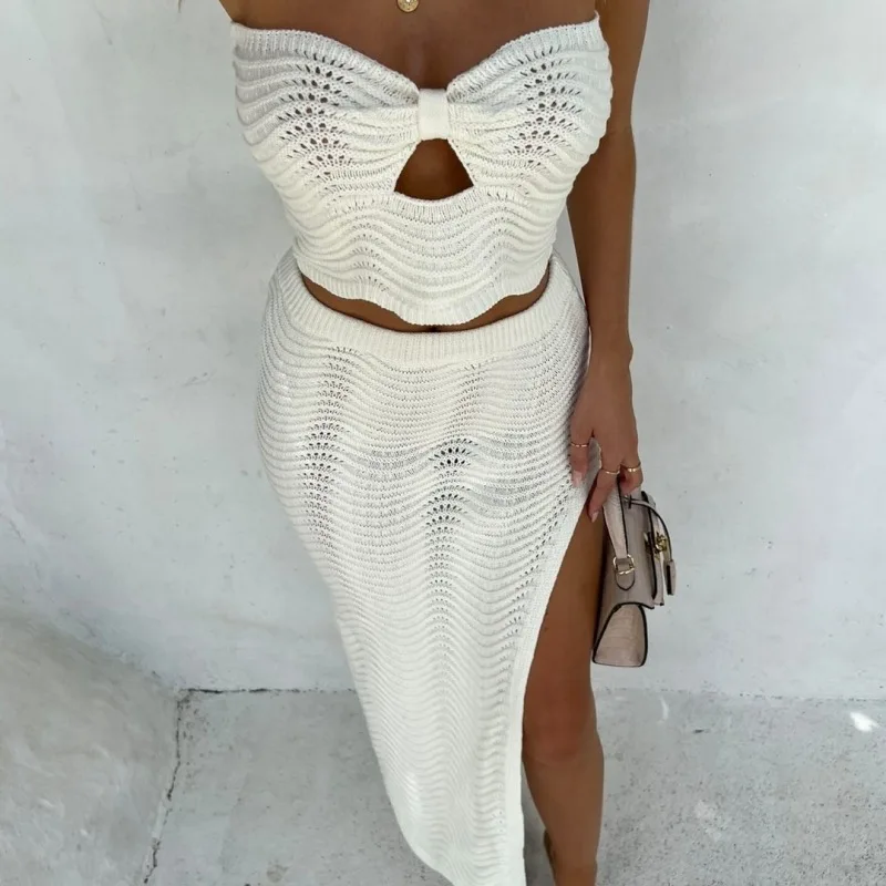 

Gtpdpllt Knitted Dress Sets Crop Top And Skirt Two Piece Sets Elegant Outfits for Women Summer Holiday Matching Sets Clothes