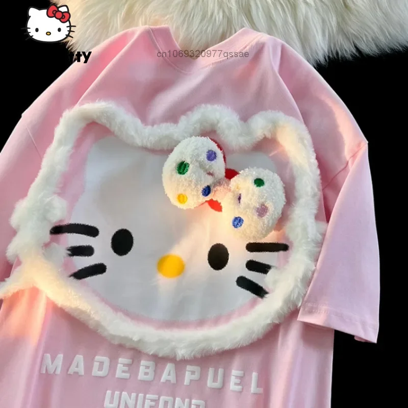 Милые американские Топы Hello Kitty с вышивкой Женская Милая футболка коротким