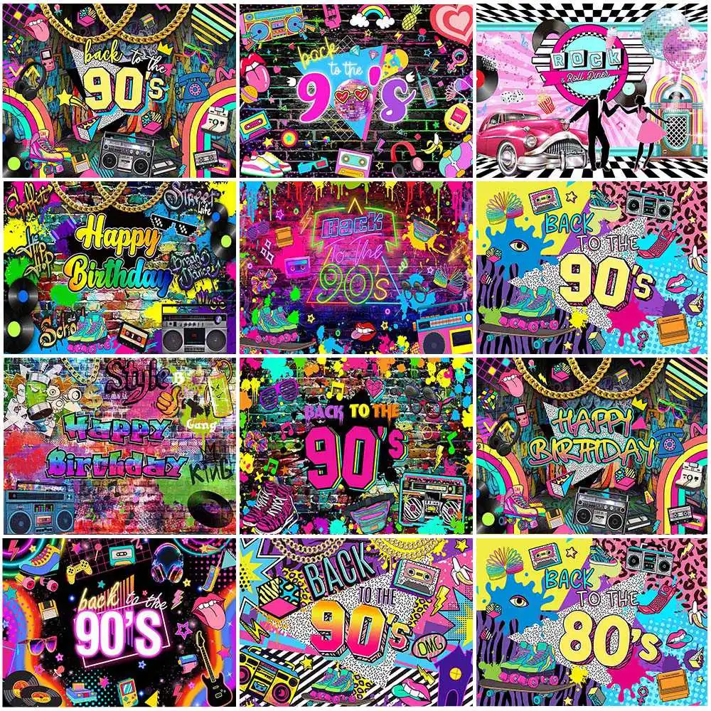 

Mocsicka Back To 80's 90's Birthday Party Decor Backdrop Retro Neon Graffiti Hip Hop Photography Backgrounds Banner Photo Studio