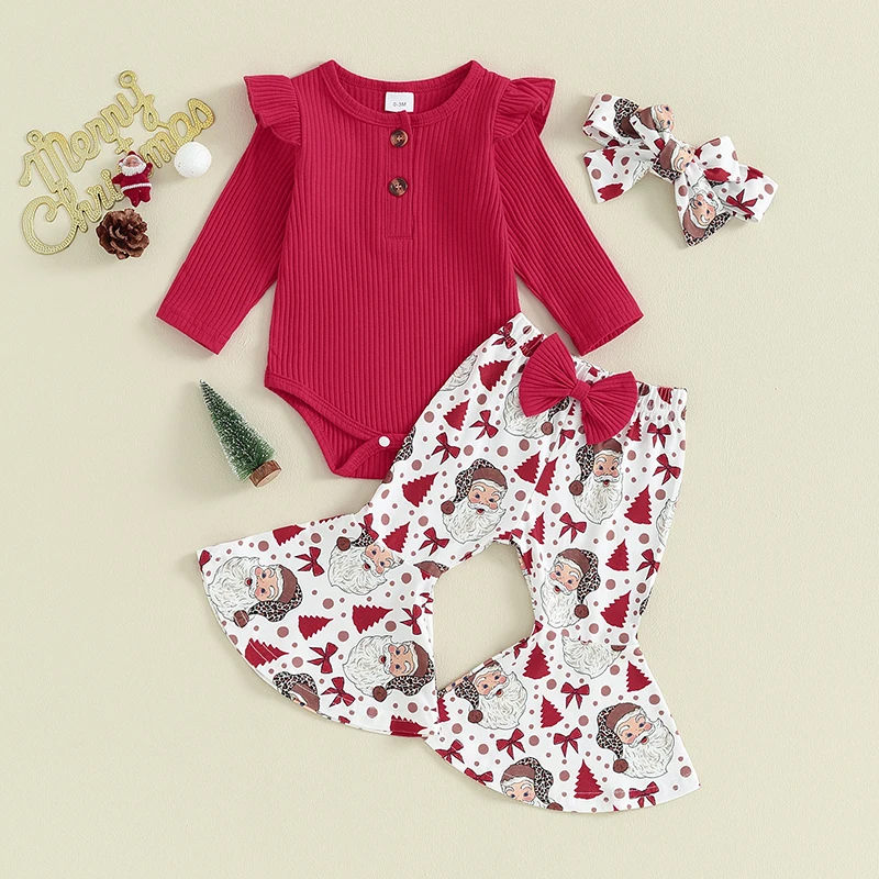

Christmas Newborn Baby Girls Clothing Sets Ribbed Button Ruffles Long Sleeve Bodysuits Santa Claus Print Flared Pants Headband