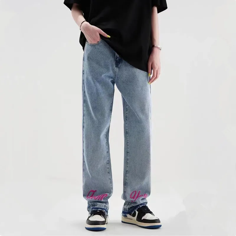 2022 Kpop Letter Embroidery Hip Hop Goth Jeans For Men Y2K Pants Elegant Straight Women Casual Denim Trousers Vaqueros De Hombre