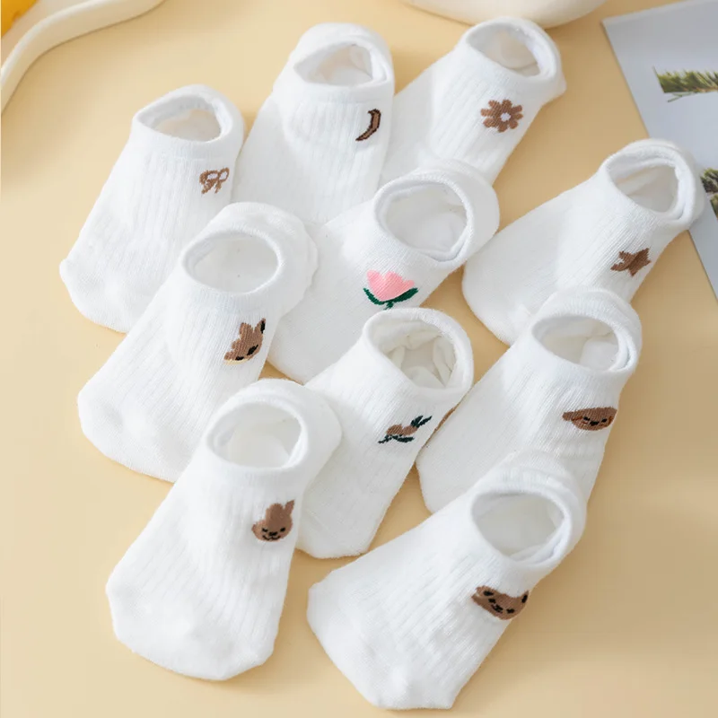 10Piece=5Pairs Summer Women Cartoon White Socks Thin Breathable And Versatile Cute Shallow Mouthed Invisible Slippers Socks