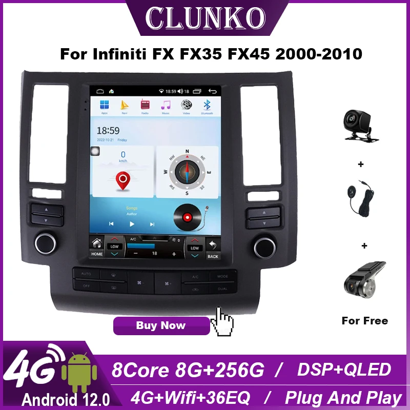 

Clunko For Infiniti FX FX35 FX45 2000-2010 Android Car Radio Stereo Tesla Screen Multimedia Player Carplay Auto 8G+256G 4G